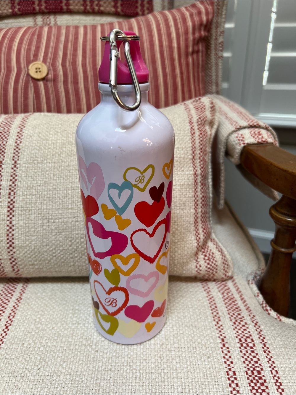 Brighton White Heart Pattern Metal Water Bottle with Pink Cap and Clip On
